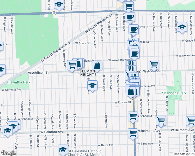 map of restaurants, bars, coffee shops, grocery stores, and more near 3537 North Osceola Avenue in Chicago