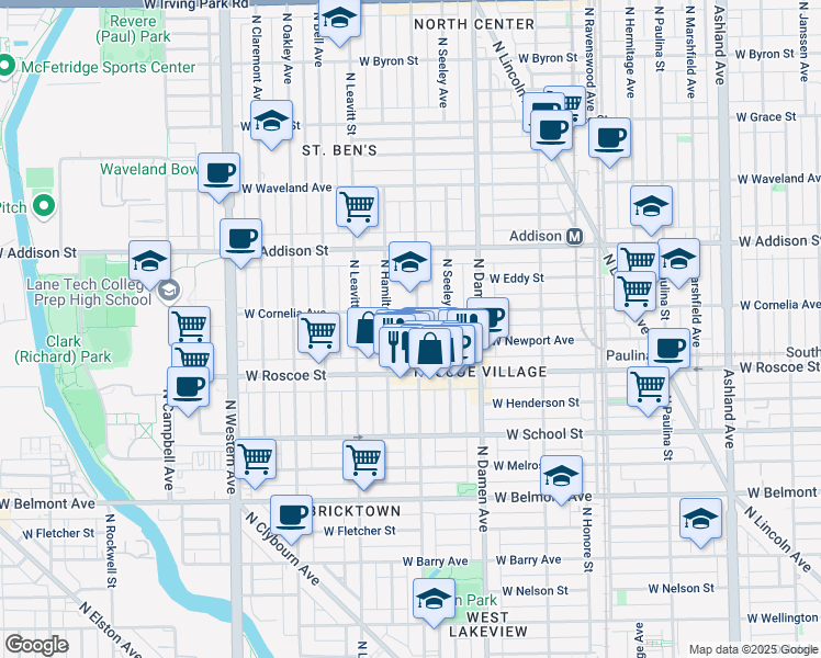 map of restaurants, bars, coffee shops, grocery stores, and more near 3442 North Hoyne Avenue in Chicago