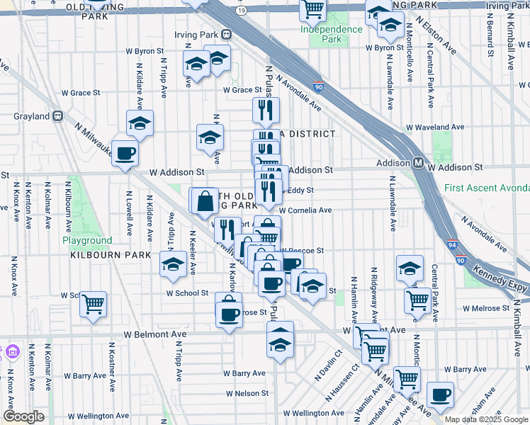 map of restaurants, bars, coffee shops, grocery stores, and more near 3460 North Pulaski Road in Chicago