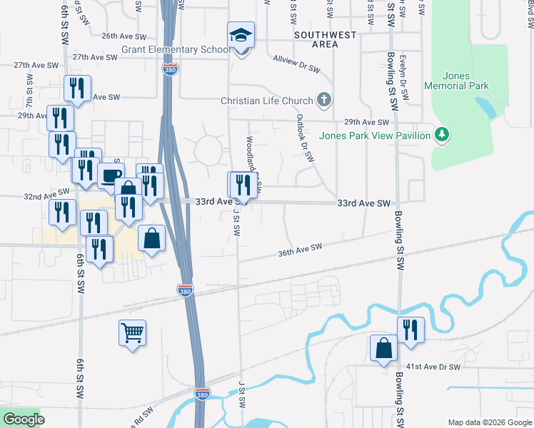 map of restaurants, bars, coffee shops, grocery stores, and more near 135 33rd Avenue Southwest in Cedar Rapids