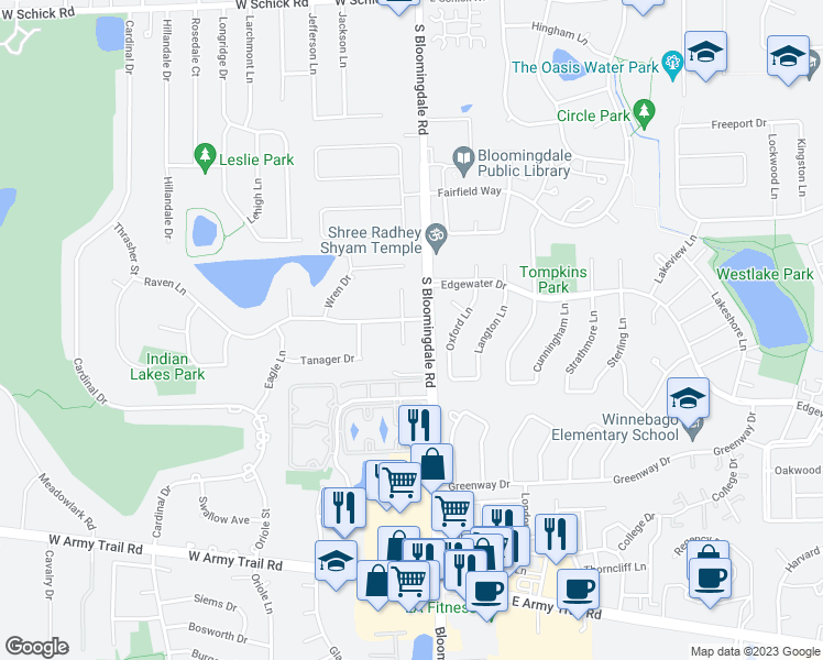 map of restaurants, bars, coffee shops, grocery stores, and more near 251 Bunting Lane in Bloomingdale