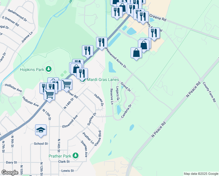 map of restaurants, bars, coffee shops, grocery stores, and more near 1515 Reserve Lane in DeKalb