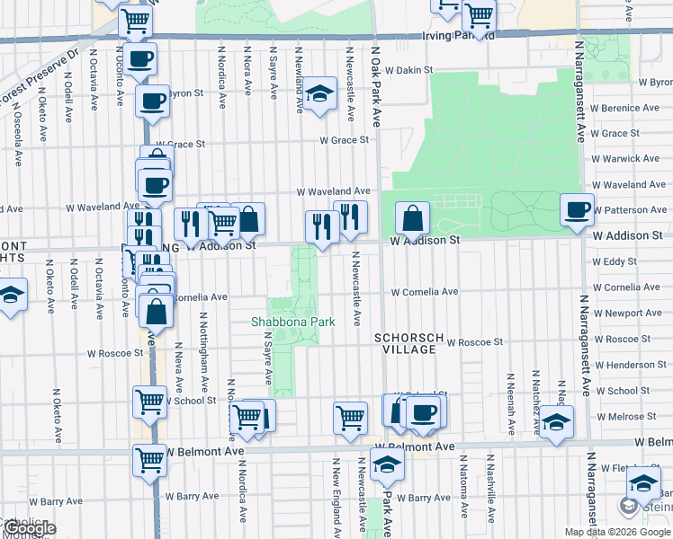 map of restaurants, bars, coffee shops, grocery stores, and more near 3529 North New England Avenue in Chicago