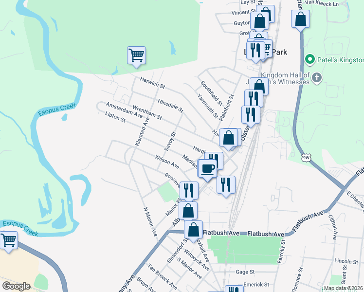 map of restaurants, bars, coffee shops, grocery stores, and more near 77 Harding Avenue in Kingston
