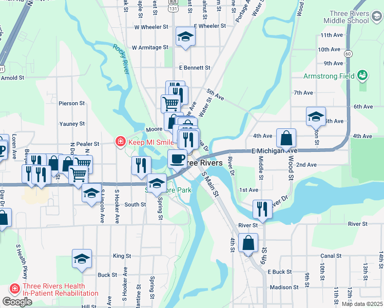 map of restaurants, bars, coffee shops, grocery stores, and more near 22 North Main Street in Three Rivers