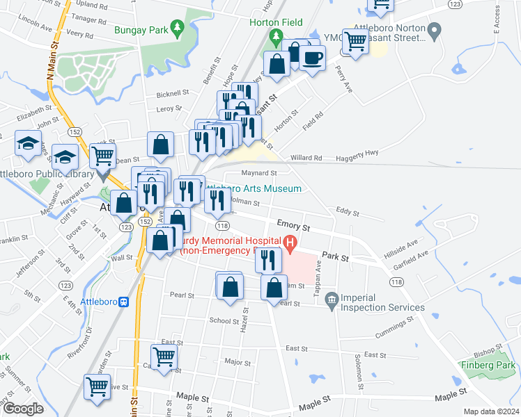 map of restaurants, bars, coffee shops, grocery stores, and more near 43 Holman Street in Attleboro
