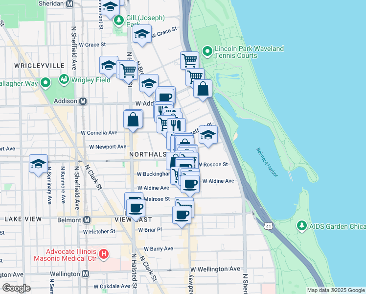 map of restaurants, bars, coffee shops, grocery stores, and more near 3473 North Broadway in Chicago