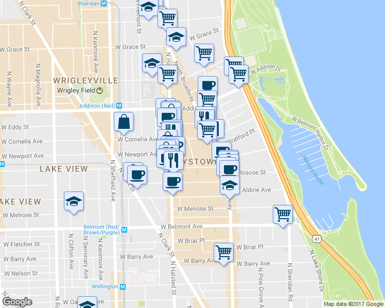 map of restaurants, bars, coffee shops, grocery stores, and more near 111 South Michigan Avenue in Chicago