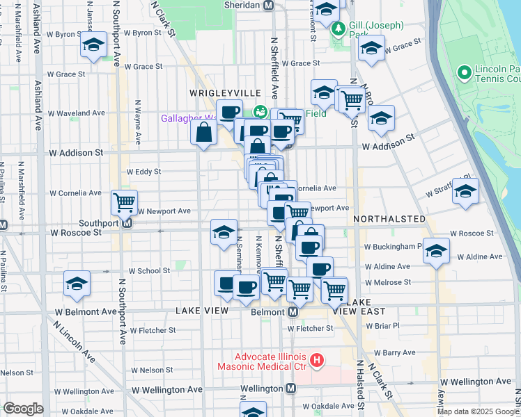 map of restaurants, bars, coffee shops, grocery stores, and more near 1030 West Newport Avenue in Chicago