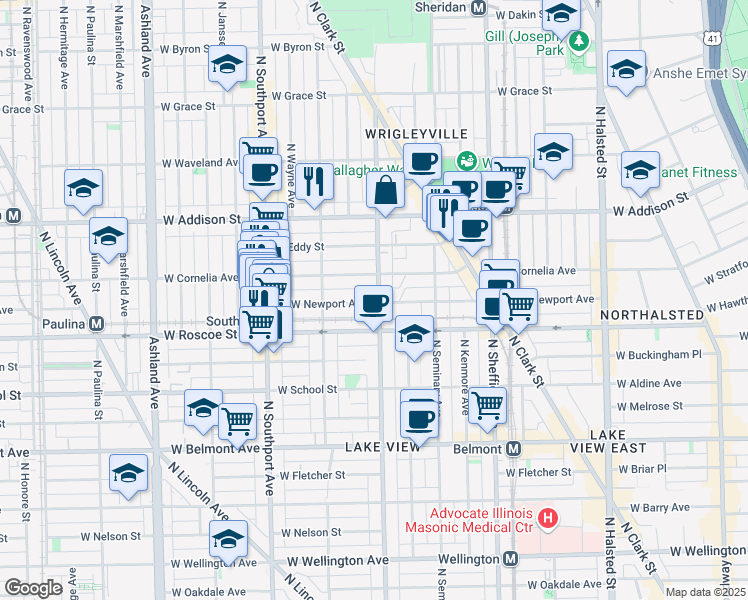 map of restaurants, bars, coffee shops, grocery stores, and more near 1220 West Newport Avenue in Chicago