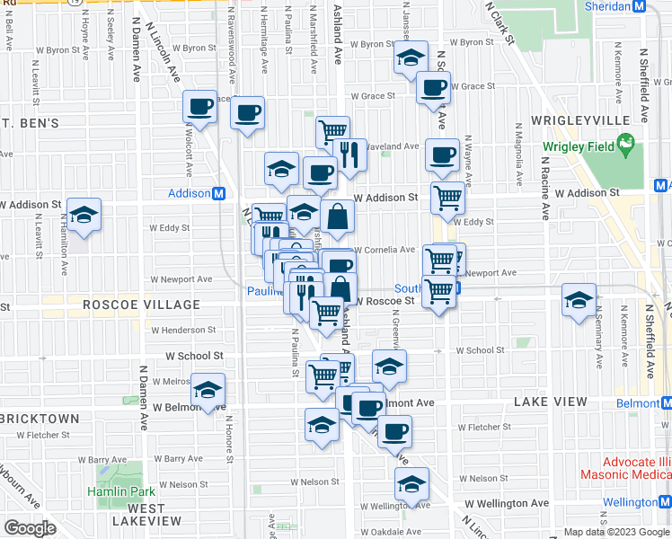 map of restaurants, bars, coffee shops, grocery stores, and more near 3438 North Ashland Avenue in Chicago