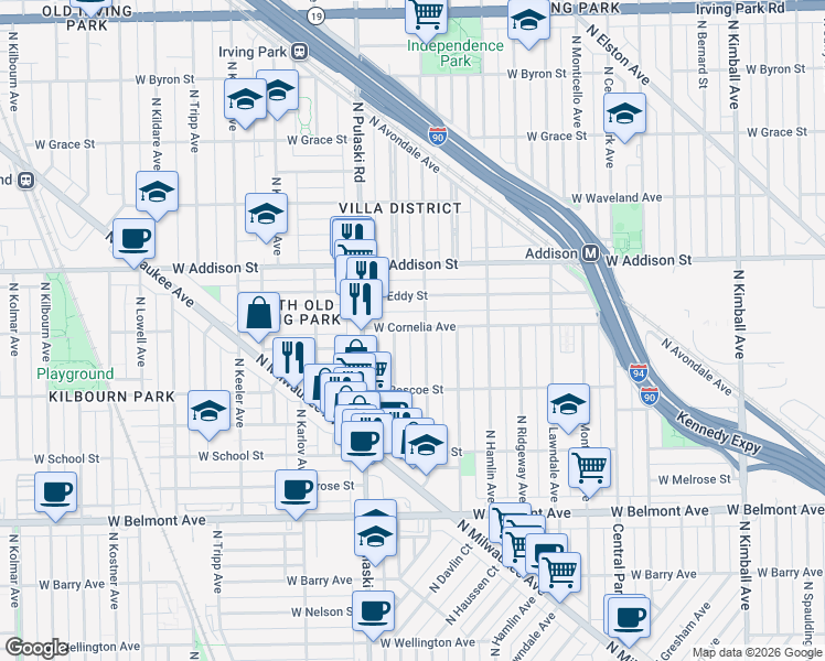 map of restaurants, bars, coffee shops, grocery stores, and more near 3921 West Cornelia Avenue in Chicago