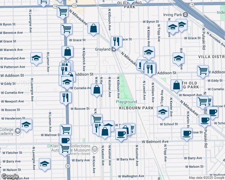 map of restaurants, bars, coffee shops, grocery stores, and more near 4540 West Cornelia Avenue in Chicago