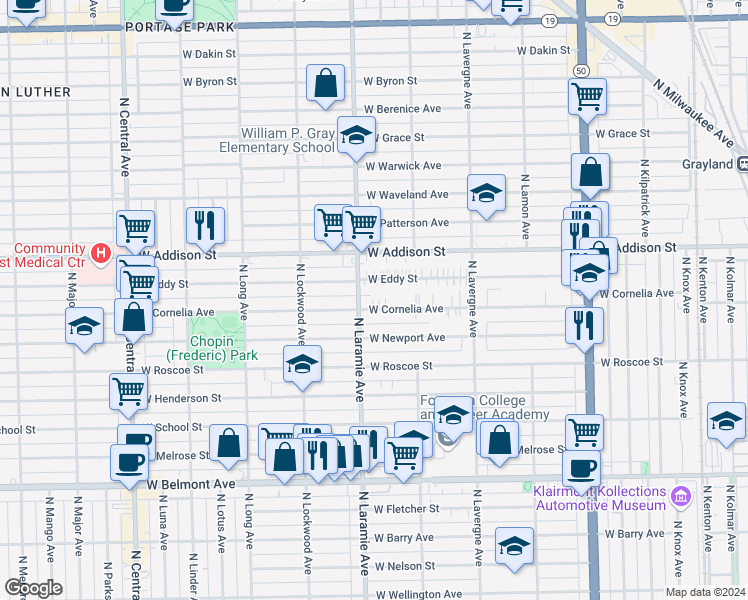 map of restaurants, bars, coffee shops, grocery stores, and more near 5138 West Cornelia Avenue in Chicago