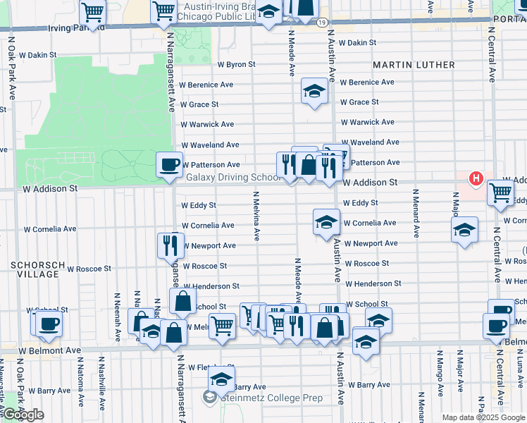 map of restaurants, bars, coffee shops, grocery stores, and more near 6201 West Eddy Street in Chicago