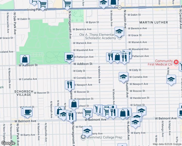 map of restaurants, bars, coffee shops, grocery stores, and more near 6245 West Eddy Street in Chicago