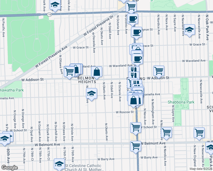 map of restaurants, bars, coffee shops, grocery stores, and more near 3531 North Oketo Avenue in Chicago