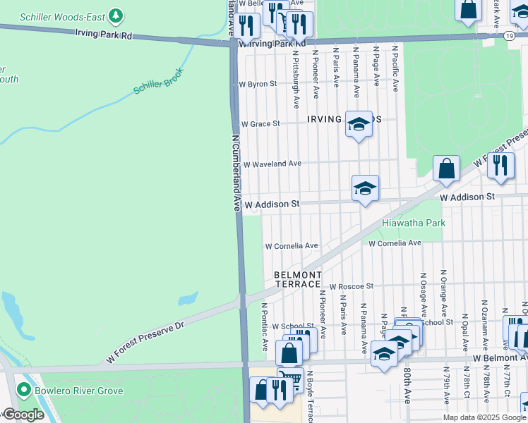 map of restaurants, bars, coffee shops, grocery stores, and more near 8355 West Addison Street in Chicago