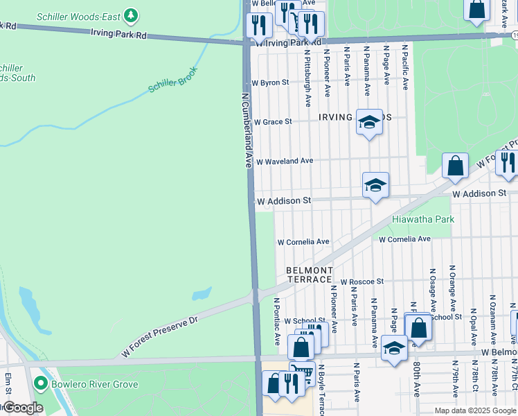 map of restaurants, bars, coffee shops, grocery stores, and more near 8355 West Addison Street in Chicago
