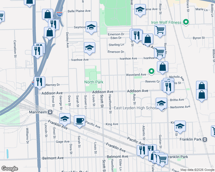 map of restaurants, bars, coffee shops, grocery stores, and more near 3616 Hawthorne Street in Franklin Park