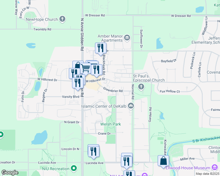 map of restaurants, bars, coffee shops, grocery stores, and more near 901 Greenbrier Road in DeKalb