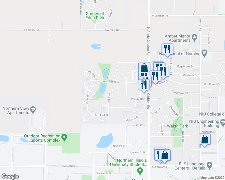 map of restaurants, bars, coffee shops, grocery stores, and more near 889 Regent Drive in DeKalb