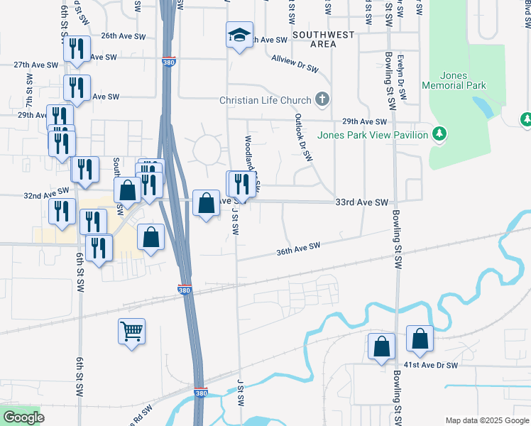 map of restaurants, bars, coffee shops, grocery stores, and more near 135 33rd Avenue Southwest in Cedar Rapids