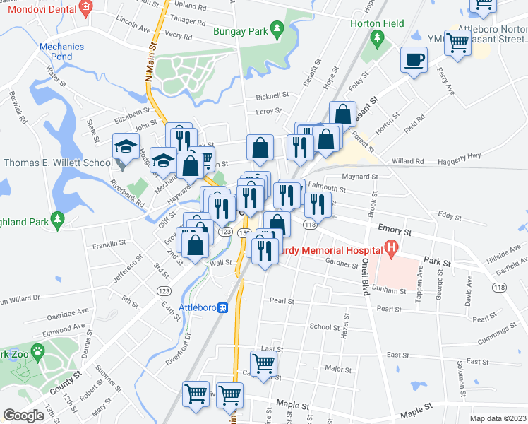 map of restaurants, bars, coffee shops, grocery stores, and more near 27 Park Street in Attleboro