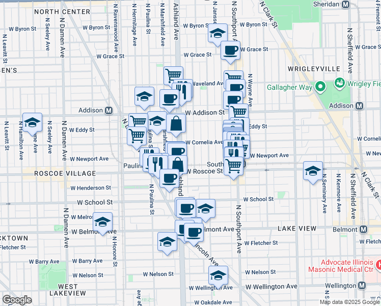 map of restaurants, bars, coffee shops, grocery stores, and more near 3438 North Bosworth Avenue in Chicago