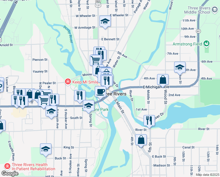 map of restaurants, bars, coffee shops, grocery stores, and more near 22 North Main Street in Three Rivers