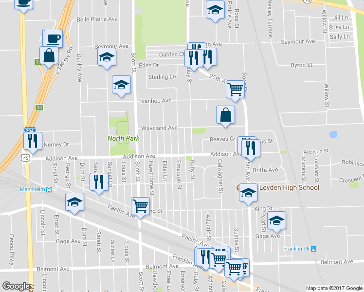map of restaurants, bars, coffee shops, grocery stores, and more near 3615 Emerson St in Franklin Park
