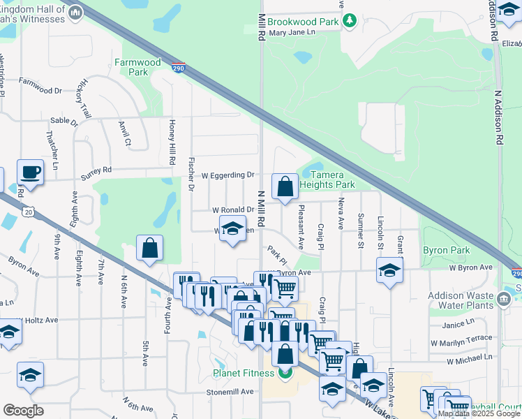map of restaurants, bars, coffee shops, grocery stores, and more near 601 West Ronald Drive in Addison