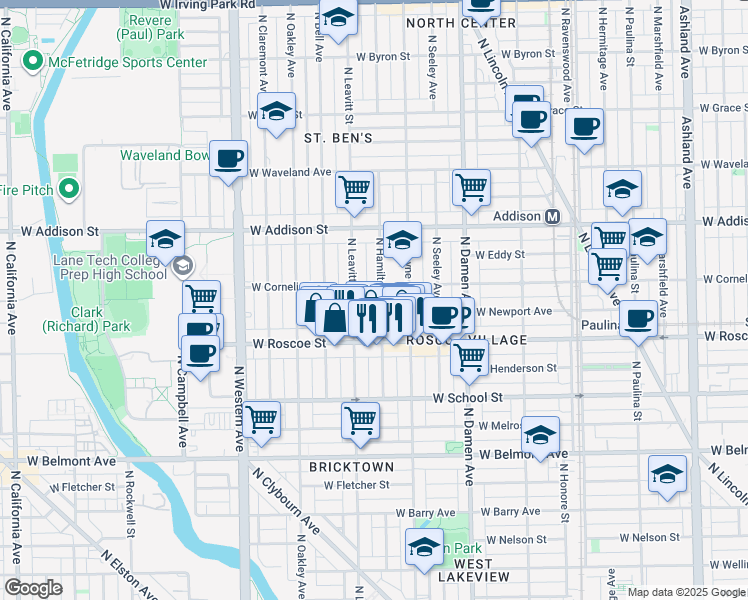map of restaurants, bars, coffee shops, grocery stores, and more near 3444 North Hamilton Avenue in Chicago