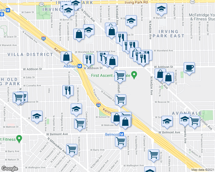 map of restaurants, bars, coffee shops, grocery stores, and more near 56 in Chicago