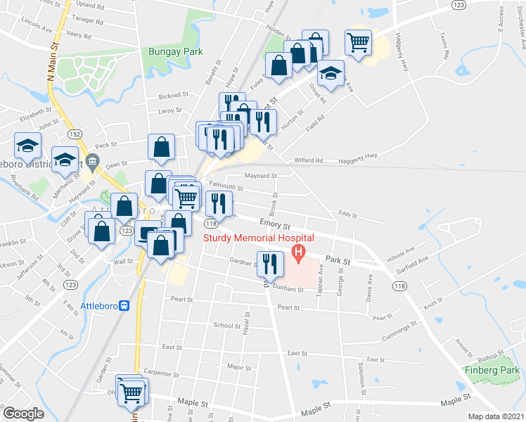 map of restaurants, bars, coffee shops, grocery stores, and more near 43 Holman Street in Attleboro