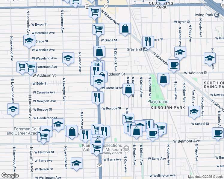 map of restaurants, bars, coffee shops, grocery stores, and more near 4731 West Cornelia Avenue in Chicago