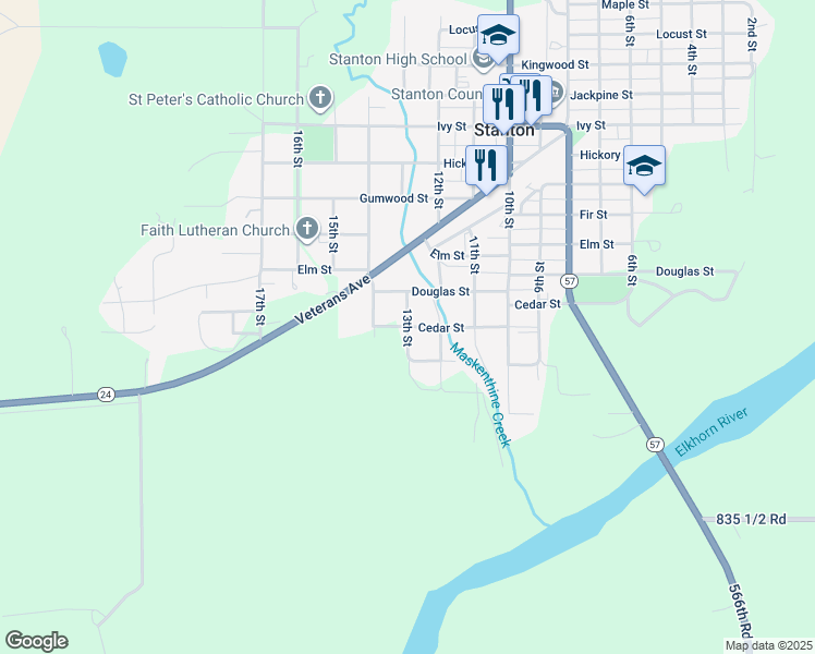 map of restaurants, bars, coffee shops, grocery stores, and more near 1301 Cedar Street in Stanton