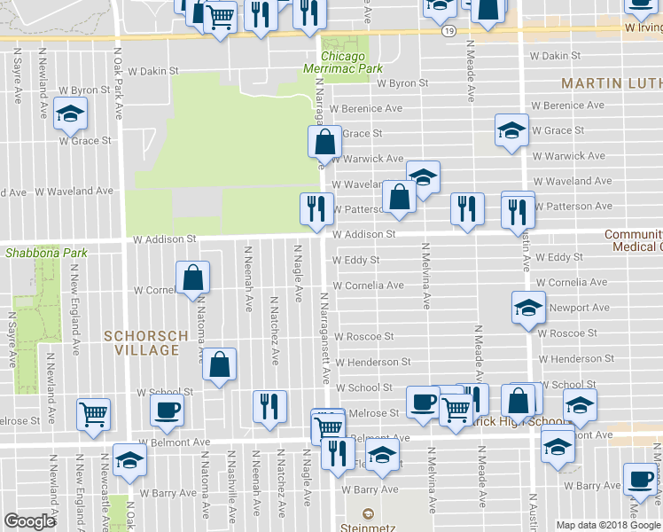 map of restaurants, bars, coffee shops, grocery stores, and more near 3523 N Narragansett Ave in Chicago