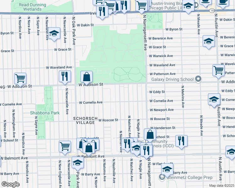 map of restaurants, bars, coffee shops, grocery stores, and more near 3524 North Neenah Avenue in Chicago
