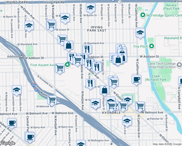 map of restaurants, bars, coffee shops, grocery stores, and more near 3451 North Troy Street in Chicago