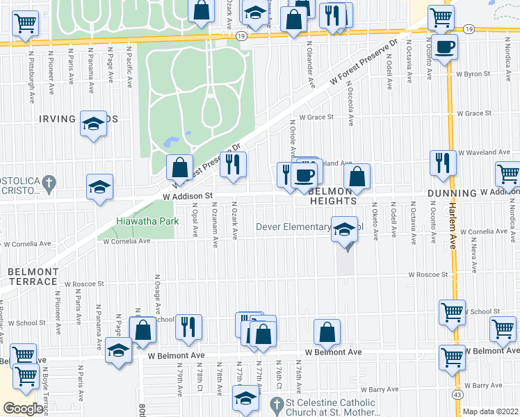 map of restaurants, bars, coffee shops, grocery stores, and more near 3545 N Overhill Ave in Chicago