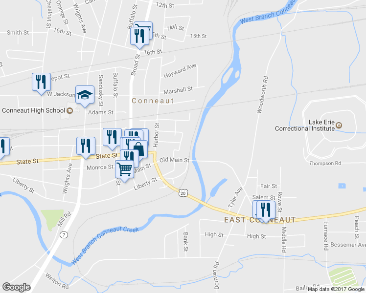 map of restaurants, bars, coffee shops, grocery stores, and more near 248 Park Place in Conneaut