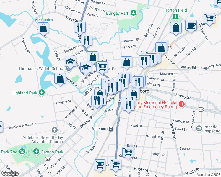 map of restaurants, bars, coffee shops, grocery stores, and more near in Attleboro