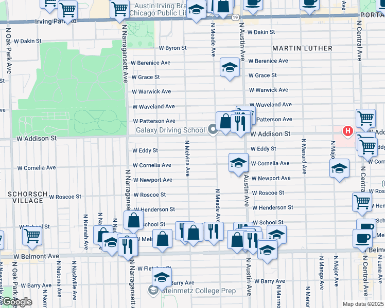 map of restaurants, bars, coffee shops, grocery stores, and more near 6201 West Eddy Street in Chicago