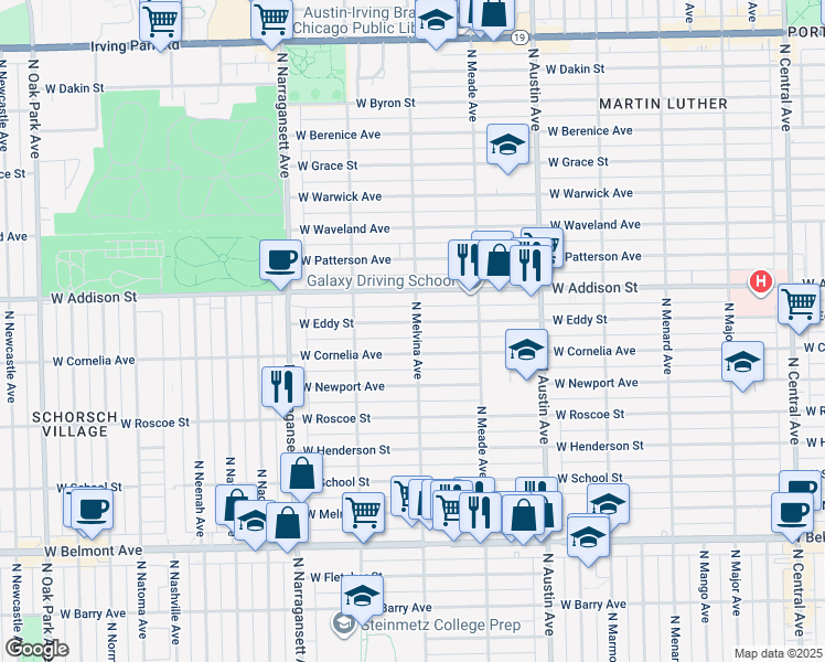 map of restaurants, bars, coffee shops, grocery stores, and more near 6201 West Eddy Street in Chicago