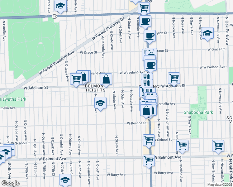 map of restaurants, bars, coffee shops, grocery stores, and more near 3531 North Oketo Avenue in Chicago