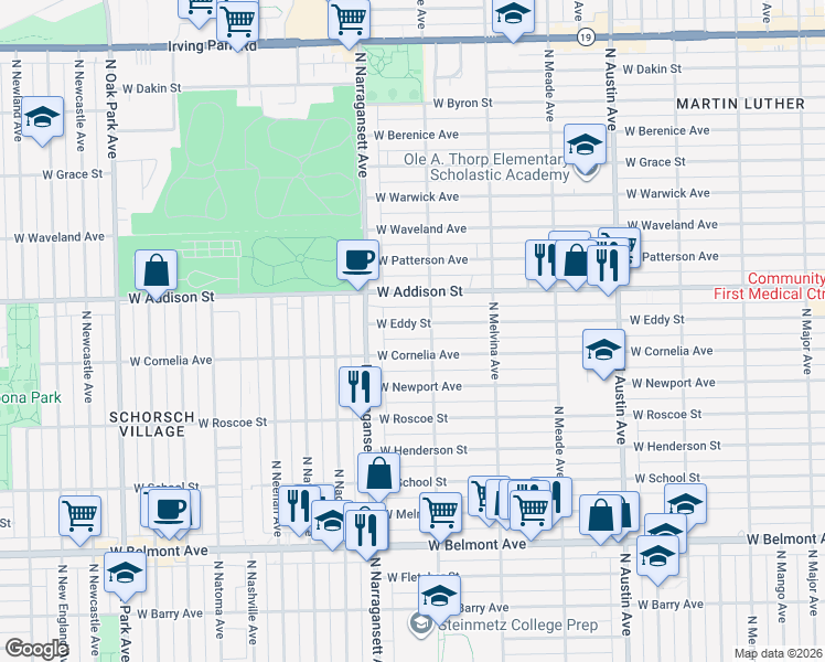 map of restaurants, bars, coffee shops, grocery stores, and more near 6317 West Eddy Street in Chicago