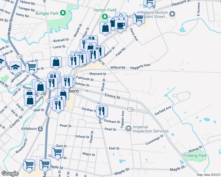 map of restaurants, bars, coffee shops, grocery stores, and more near 62 Holman Street in Attleboro