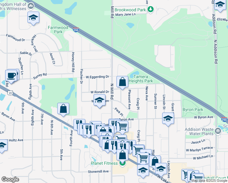 map of restaurants, bars, coffee shops, grocery stores, and more near 925 North Mill Road in Addison
