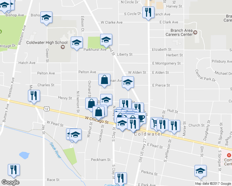 map of restaurants, bars, coffee shops, grocery stores, and more near 100 North Clay Street in Coldwater